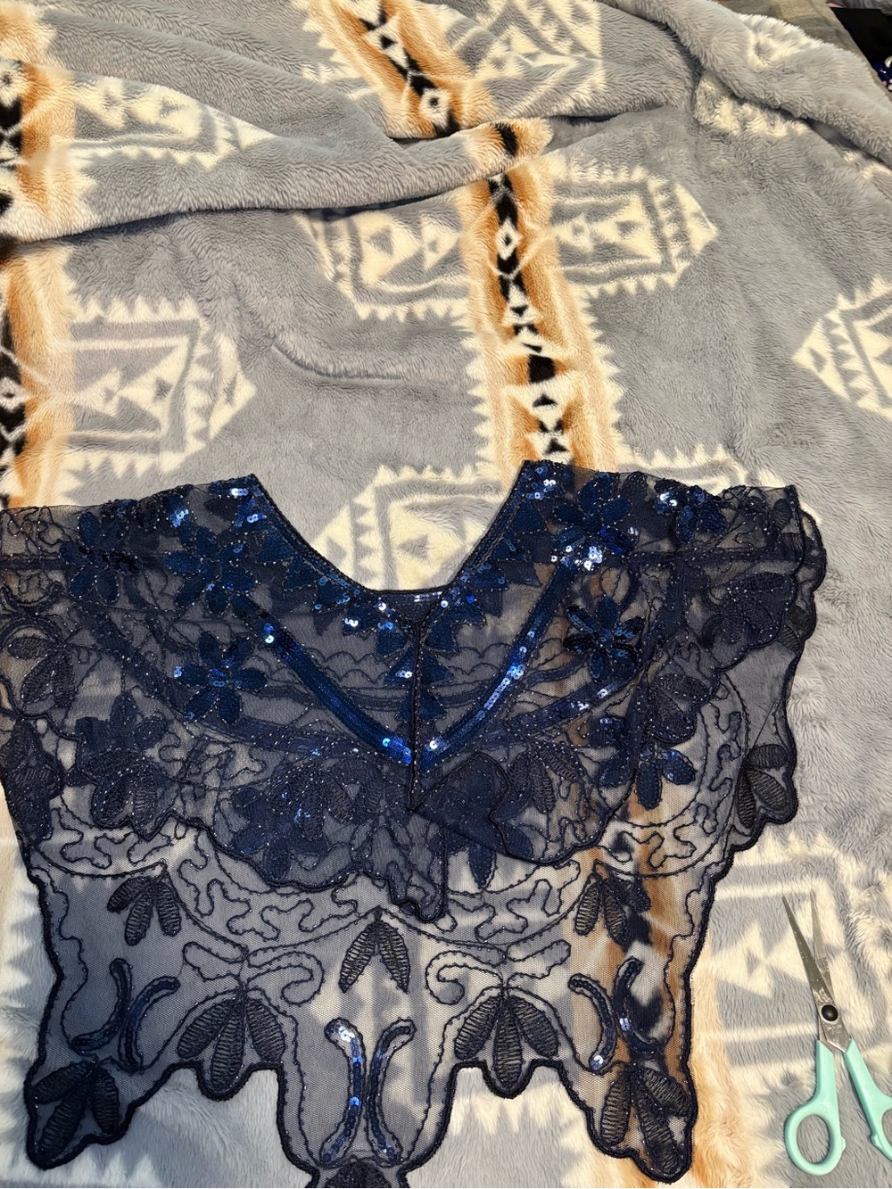 Navy Blue Lace Sequin and beaded Cape Top